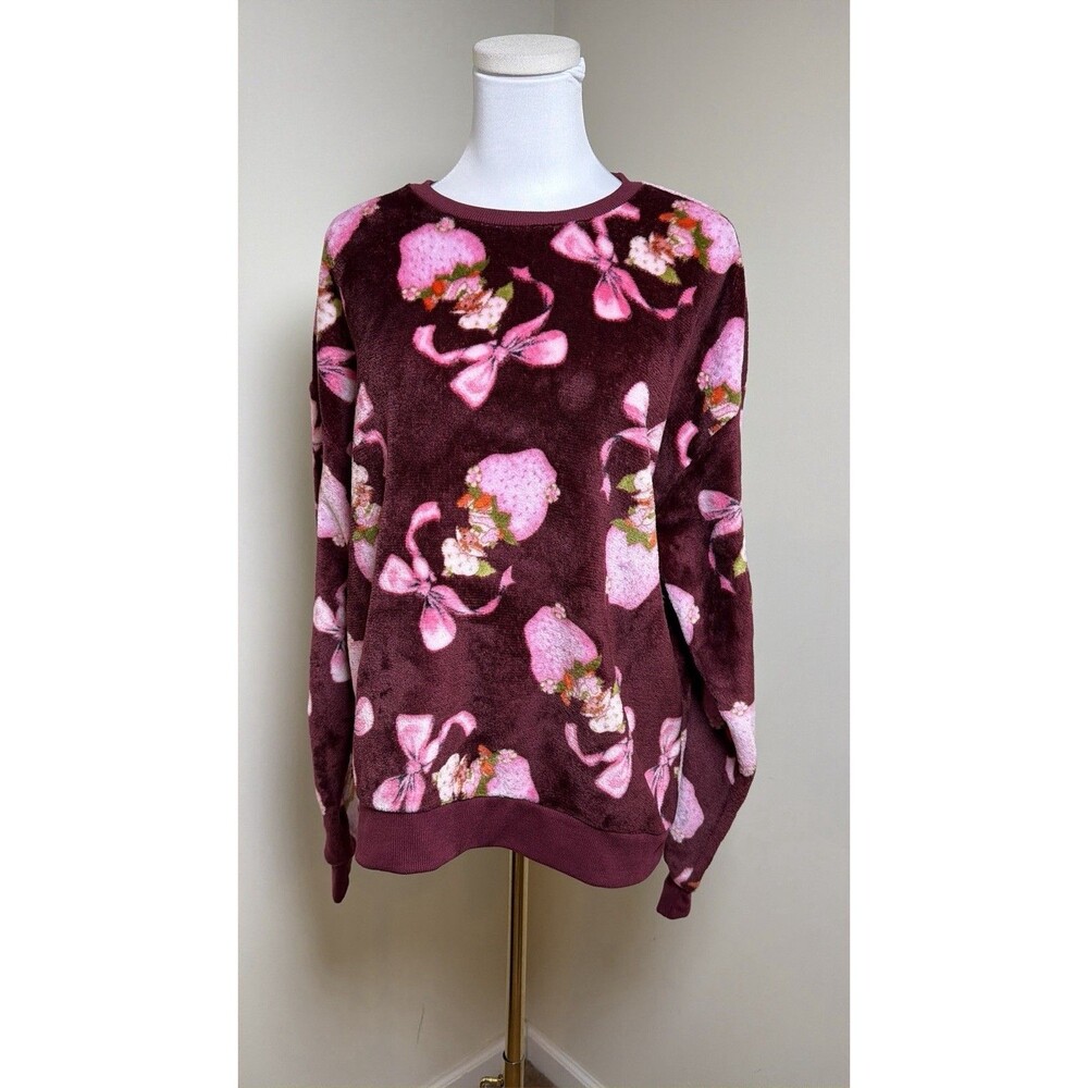 Strawberry Shortcake Sweatshirt Womens L Plush Fleece Pink Bow Berry 2025
